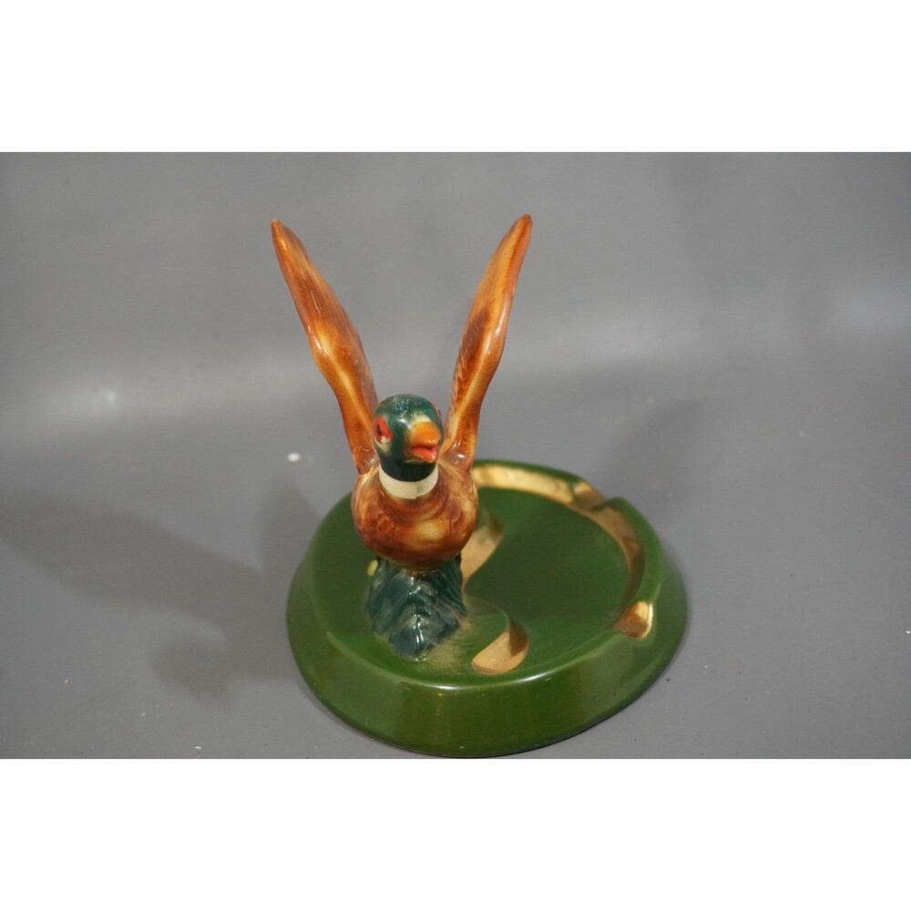 Vintage Ceramic Pheasant Bird Ashtray Ring Pin Dish Figurine Green Gold Base MCM - Picture 6 of 9